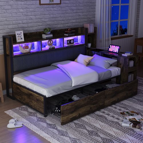 Lit Banquette 90x200 Cm, Bureau Escamotable, Rangement, LED, Prise Multifonction, Fer, Bois