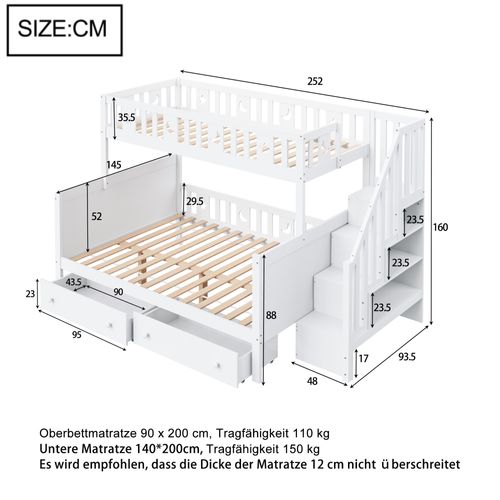 Lit Superposé Enfant 90×200 Cm Avec 2 Tiroirs, Lit En Bois Avec Échelle De Sécurité, Blanc