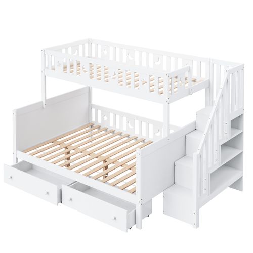 Lit Superposé Enfant 90×200 Cm Avec 2 Tiroirs, Lit En Bois Avec Échelle De Sécurité, Blanc