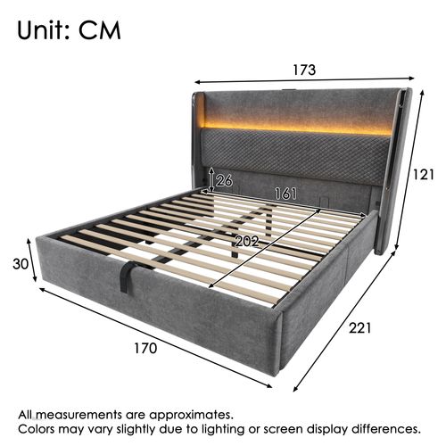 Lit Coffre 160x200 Cm Double Avec LED, USB Type-c, Sommier Relevable, Rangement, Tissu Lin Gris
