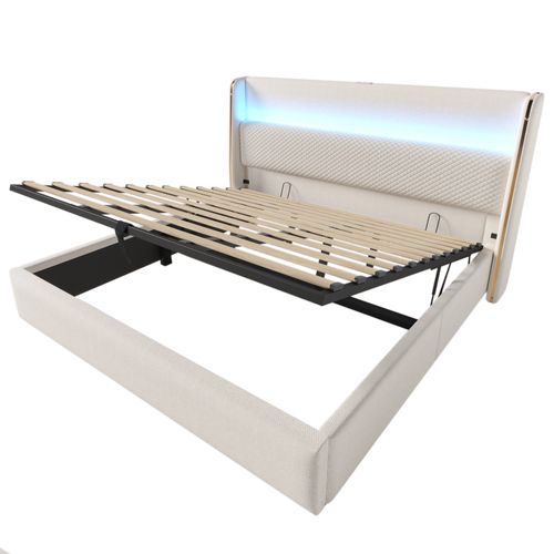 Lit Coffre 90x200 Cm Simple Moderne Avec Sommier Relevable, LED, Tissu Lin Beige