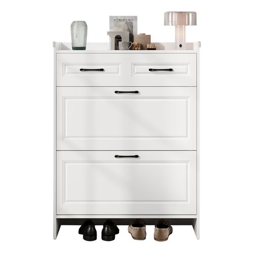 Meuble à Chaussures Entrée, 4 Compartiments Et Tiroir, Design Moderne, Mdf Blanc