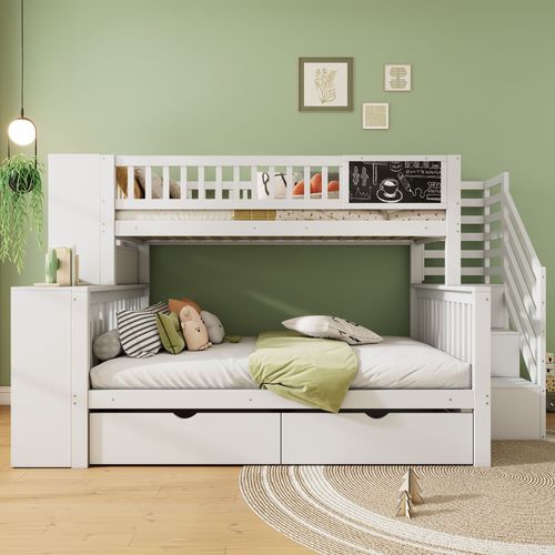 Lit Superposé 140x200 et 90x200 Cm Enfant Avec Rangement, Protection, Escaliers Inclus, Pin, Blanc