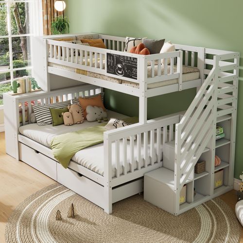Lit Superposé 140x200 et 90x200 Cm Enfant Avec Rangement, Protection, Escaliers Inclus, Pin, Blanc