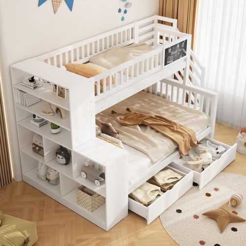 Lit Superposé 140x200 et 90x200 Cm Enfant Avec Rangement, Protection, Escaliers Inclus, Pin, Blanc