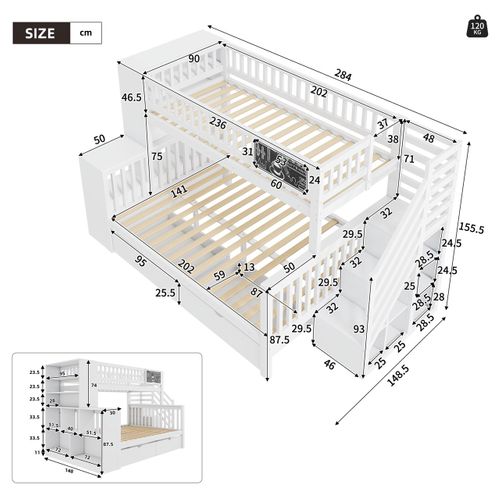 Lit Superposé 140x200 et 90x200 Cm Enfant Avec Rangement, Protection, Escaliers Inclus, Pin, Blanc