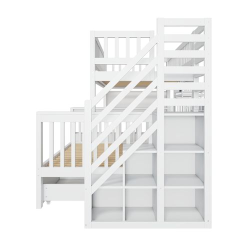 Lit Superposé 140x200 et 90x200 Cm Enfant Avec Rangement, Protection, Escaliers Inclus, Pin, Blanc