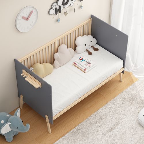 Lit Enfant Bébé 163x80x92 Cm Réglable 3 Hauteurs, Bois De Sapin, Bleu-gris + Naturel