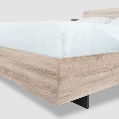 Lit Double 160x200 Cm - Lit Adulte Avec Cadre En Bois Et 2 Tables De Chevet - Lin, Naturel