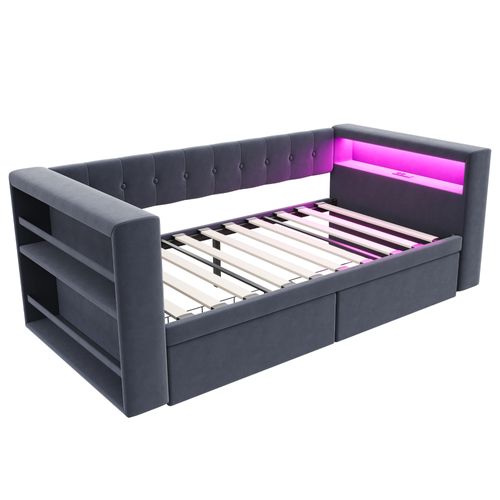 Lit Banquette Simple 90x190 Cm, LED Et Prise Électrique - Tiroir De Rangement - Gris Foncé