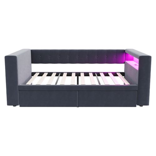 Lit Banquette Simple 90x190 Cm, LED Et Prise Électrique - Tiroir De Rangement - Gris Foncé