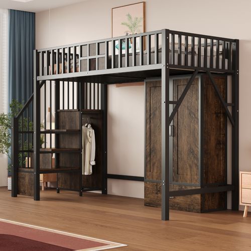 Lit Mezzanine 90x200 Cm - Armoire, Tiroirs, Échelle De Rangement, Garde-corps Sécurisé, Métal Noir