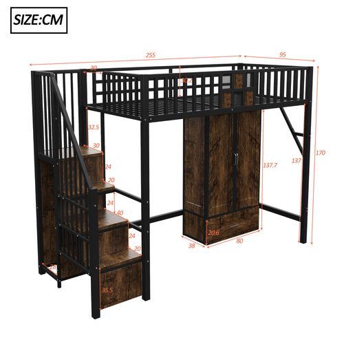 Lit Mezzanine 90x200 Cm - Armoire, Tiroirs, Échelle De Rangement, Garde-corps Sécurisé, Métal Noir