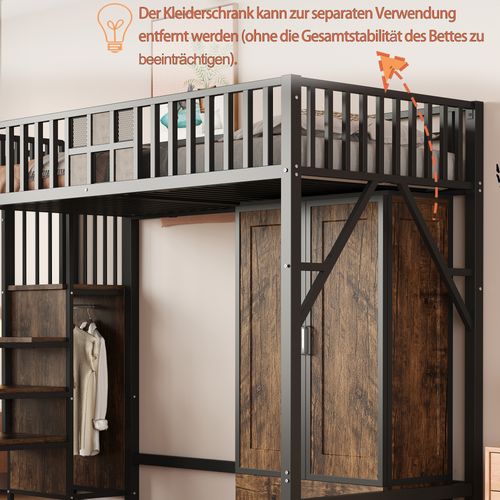 Lit Mezzanine 90x200 Cm - Armoire, Tiroirs, Échelle De Rangement, Garde-corps Sécurisé, Métal Noir