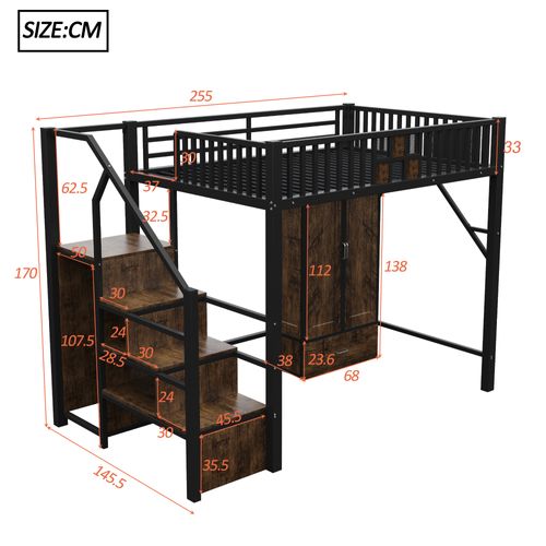 Lit Mezzanine 140x200 Cm - Rangement, Échelle Et Tiroirs, Structure Métal Et Bois, Noir