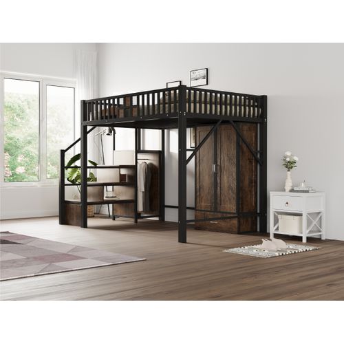 Lit Mezzanine 140x200 Cm - Rangement, Échelle Et Tiroirs, Structure Métal Et Bois, Noir