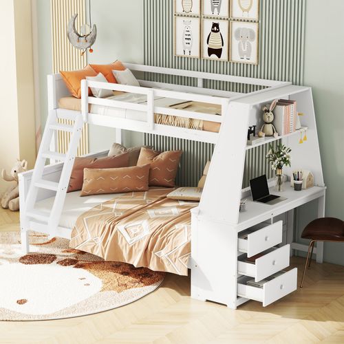 Lit Superposé Enfant 90x200 Cm Avec Table, Rangement Spacieux, Garde-corps Hauts, Pin Et Mdf, Blanc