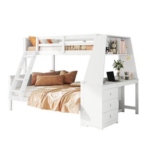 Lit Superposé Enfant 90x200 Cm Avec Table, Rangement Spacieux, Garde-corps Hauts, Pin Et Mdf, Blanc