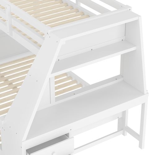 Lit Superposé Enfant 90x200 Cm Avec Table, Rangement Spacieux, Garde-corps Hauts, Pin Et Mdf, Blanc