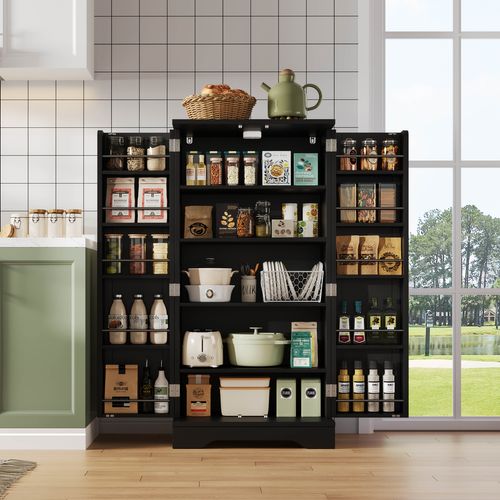 Buffet Avec LED Détecteur - Buffet 2 Portes, Étagères Réglables, Meuble De Rangement Noir