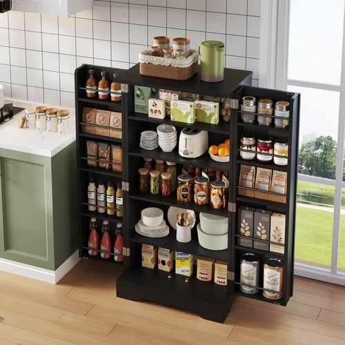 Buffet Avec LED Détecteur, 2 Portes Et Étagères Réglables, Meuble De Rangement Pratique, Noir