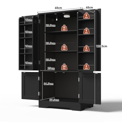 Buffet 120×60×40 Cm Avec LED - 4 Portes Avec Étagères Réglables, Meuble De Rangement En Mdf, Noir