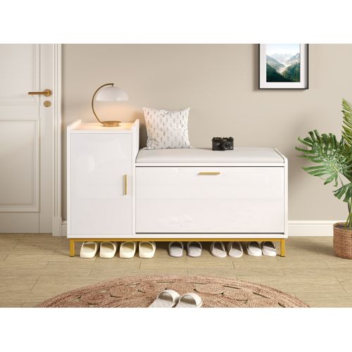 Meuble à Chaussures Entrée, Banc 2 Compartiments, Rangement, Porte Et Pieds Métalliques, Blanc/doré