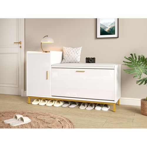 Meuble à Chaussures Entrée, Banc 2 Compartiments, Rangement, Porte Et Pieds Métalliques, Blanc/doré