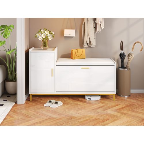 Meuble à Chaussures Entrée, Banc 2 Compartiments, Rangement, Porte Et Pieds Métalliques, Blanc/doré