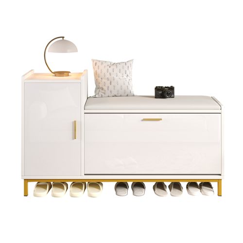 Meuble à Chaussures Entrée, Banc 2 Compartiments, Rangement, Porte Et Pieds Métalliques, Blanc/doré