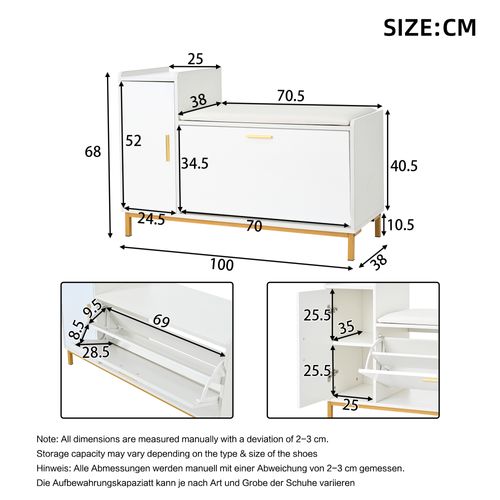 Meuble à Chaussures Entrée, Banc 2 Compartiments, Rangement, Porte Et Pieds Métalliques, Blanc/doré