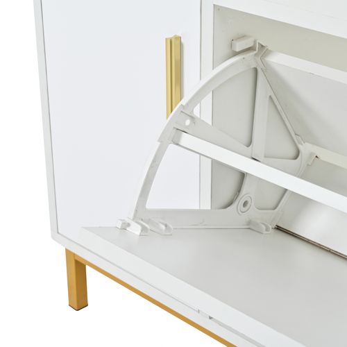 Meuble à Chaussures Entrée, Banc 2 Compartiments, Rangement, Porte Et Pieds Métalliques, Blanc/doré