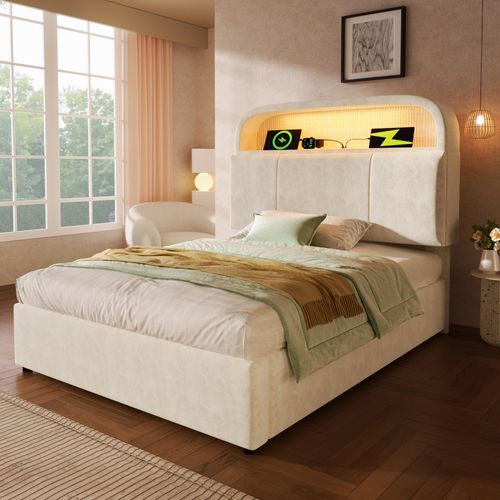 Lit Coffre 90x200 Cm, LED, Tête De Lit Réglable, USB/type-c, Rangement Hydraulique, Velours Beige