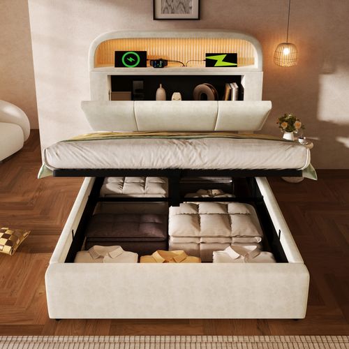 Lit Coffre 90x200 Cm, LED, Tête De Lit Réglable, USB/type-c, Rangement Hydraulique, Velours Beige