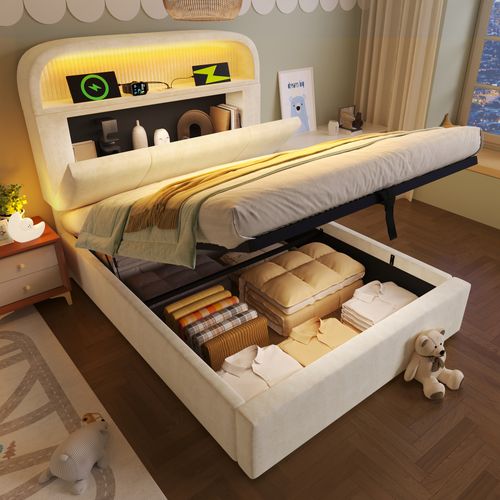 Lit Coffre 90x200 Cm, LED, Tête De Lit Réglable, USB/type-c, Rangement Hydraulique, Velours Beige