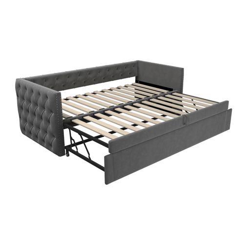 Lit Gigogne 90x200 Cm Multifonction Avec Sommier, Convertible Chambre D’amis, Velours Gris