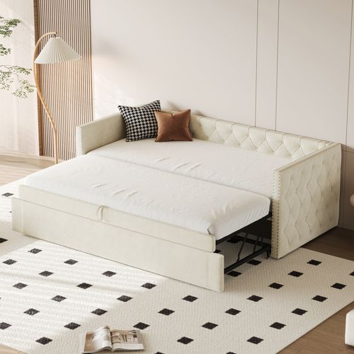 Lit Gigogne 90x200 Cm Multifonction Avec Sommier, Convertible Chambre D’amis, Velours Beige