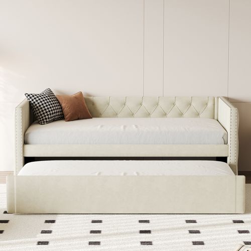 Lit Gigogne 90x200 Cm Multifonction Avec Sommier, Convertible Chambre D’amis, Velours Beige