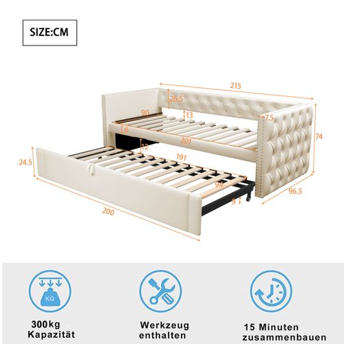 Lit Gigogne 90x200 Cm Multifonction Avec Sommier, Convertible Chambre D’amis, Velours Beige