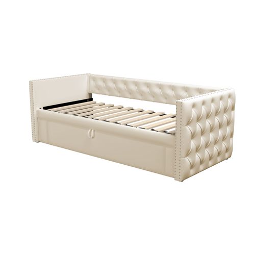 Lit Gigogne 90x200 Cm Multifonction Avec Sommier, Convertible Chambre D’amis, Velours Beige