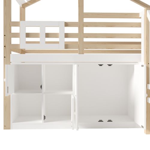 Lit Mezzanine 90x200 Cm Enfant - Lit Maison Avec Tiroirs Et Fenêtres Décoratives, Naturel/blanc