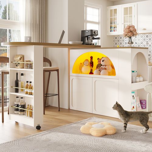 Table Bar - Table Haute Mobile Avec LED Et Rangement Intégré, Portes Arquées, Blanc