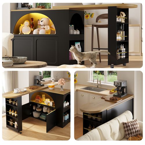 Table Bar Moderne - Table Haute Extensible Avec Rangement, LED Intégrée, Portes Arquées - Noir