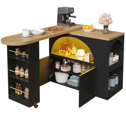 Table Bar Moderne - Table Haute Extensible Avec Rangement, LED Intégrée, Portes Arquées - Noir