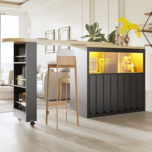 Table Bar - Meuble Bar Moderne, LED, Portes Coulissantes Verre, Extensible Pour Cuisine - Mdf Noir