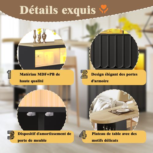 Table Bar - Meuble Bar Moderne, LED, Portes Coulissantes Verre, Extensible Pour Cuisine - Mdf Noir