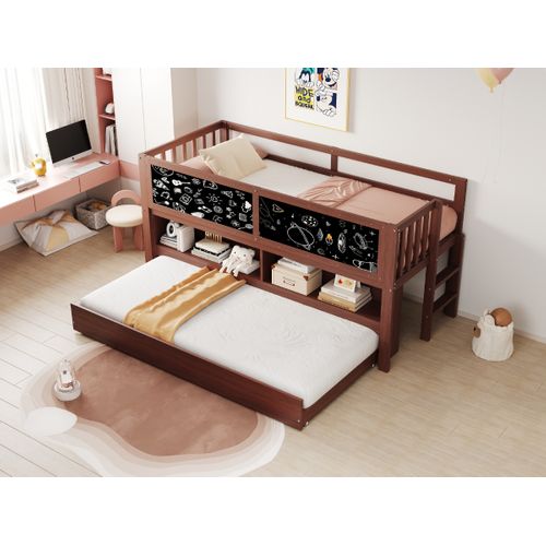 Lit Gigogne Enfant 90x200 Cm, Échelle, Tableau à Gribouillis Et Rangement, Bois Marron