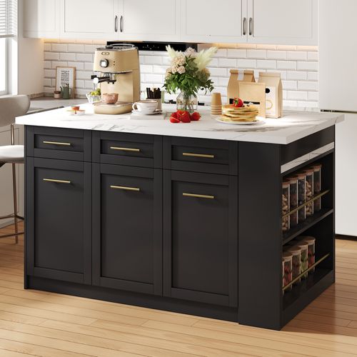 Îlot De Cuisine Extensible, 3 Tiroirs, Compartiments, Portes/ Étagères Réglables, Mdf Noir/blanc