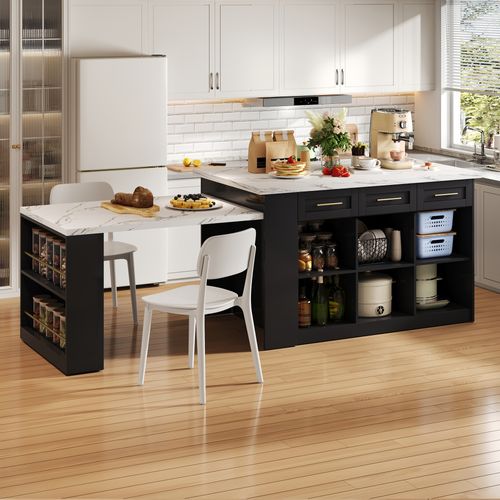 Îlot De Cuisine Extensible, 3 Tiroirs, Compartiments, Portes/ Étagères Réglables, Mdf Noir/blanc