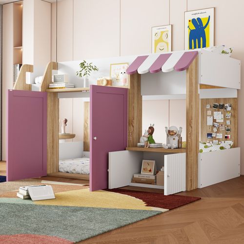 Lit Mezzanine Enfant 90x200 Cm Avec Échelle Et Rangement Ouvert - Bois  Naturel Et Rose